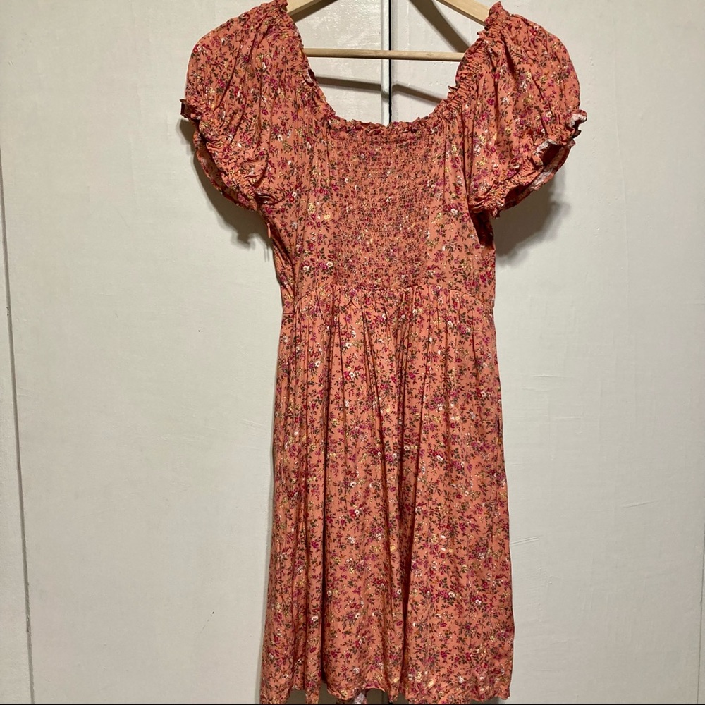 J. Crew Puff Sleeve Peasant Mini Dress in Soft Rayon, Peach Multi Floral, Size 2 - Picture 7 of 11